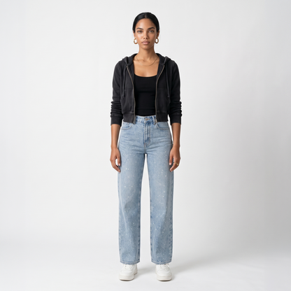 Sunoire rechte high waist jeans met subtiele glitterdetails elodie front hero 01