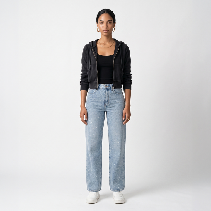 Sunoire rechte high waist jeans met subtiele glitterdetails elodie front hero 01
