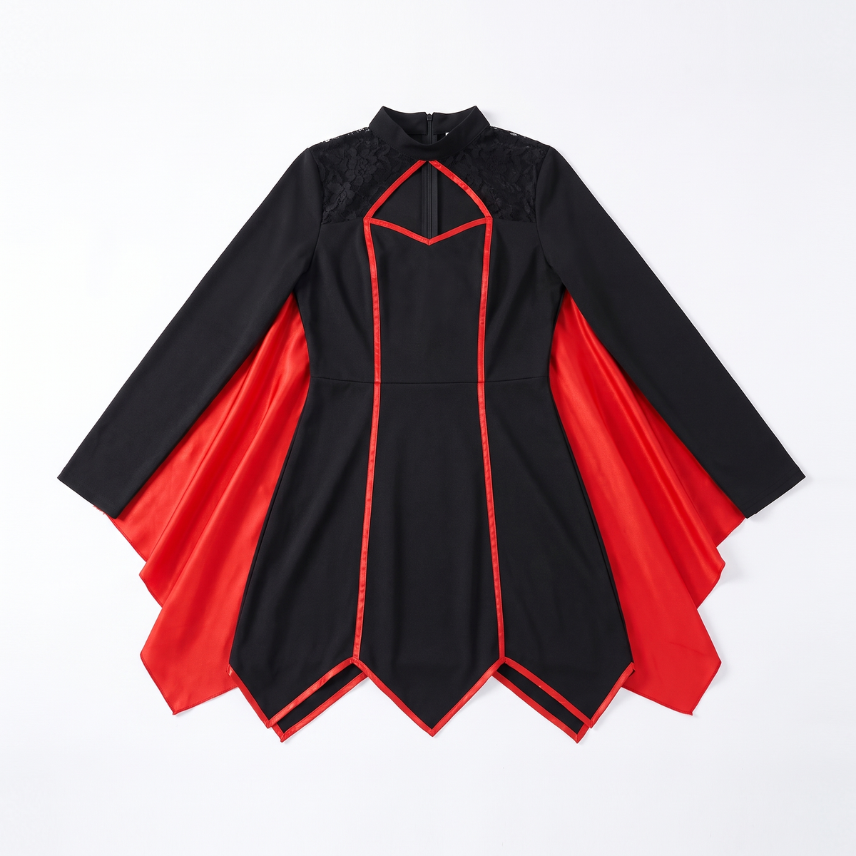 Sunoire red lined handkerchief hem gothic dress garment flatlay 01