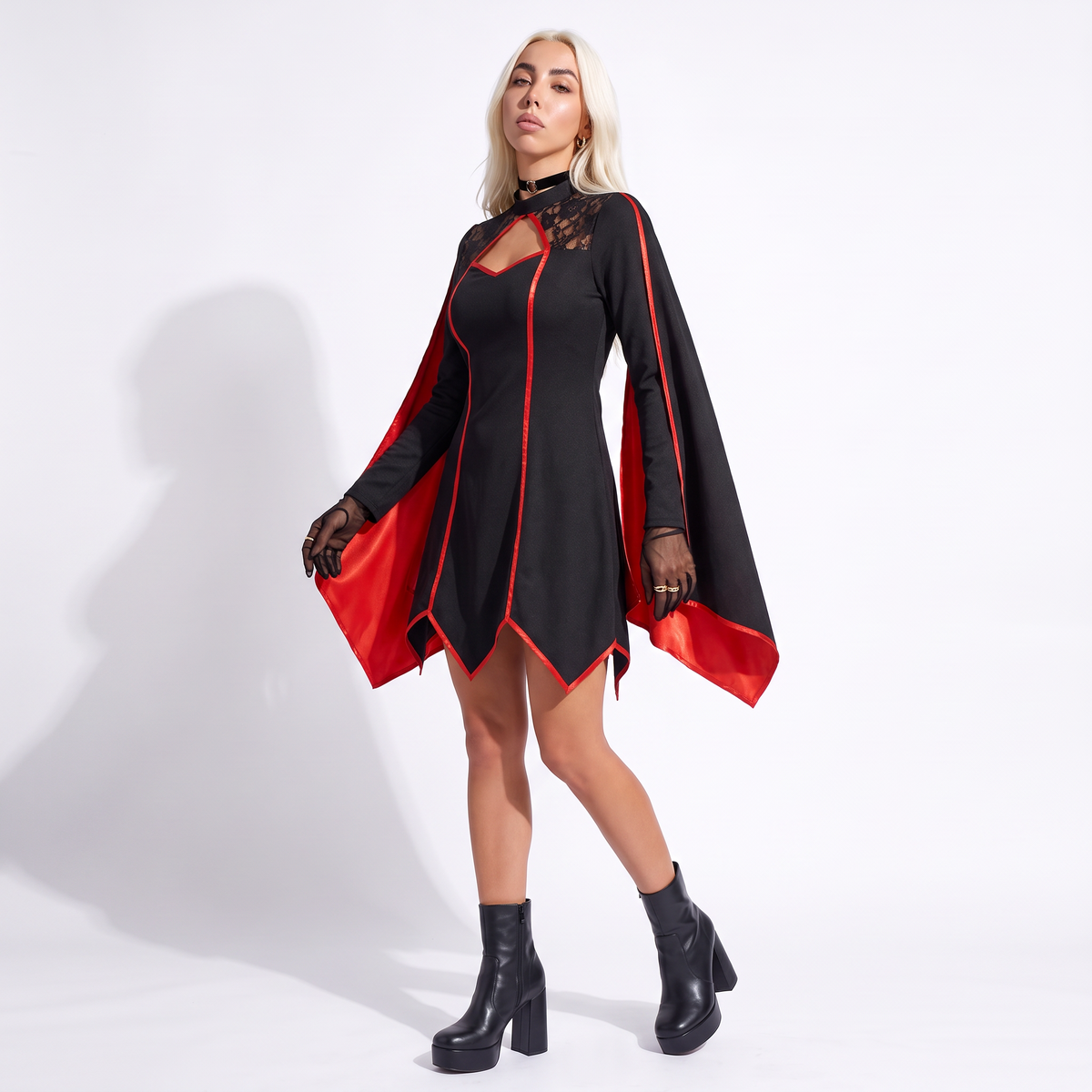 Sunoire red lined handkerchief hem gothic dress three quarter 01