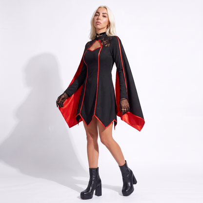 Sunoire red lined handkerchief hem gothic dress three quarter 01