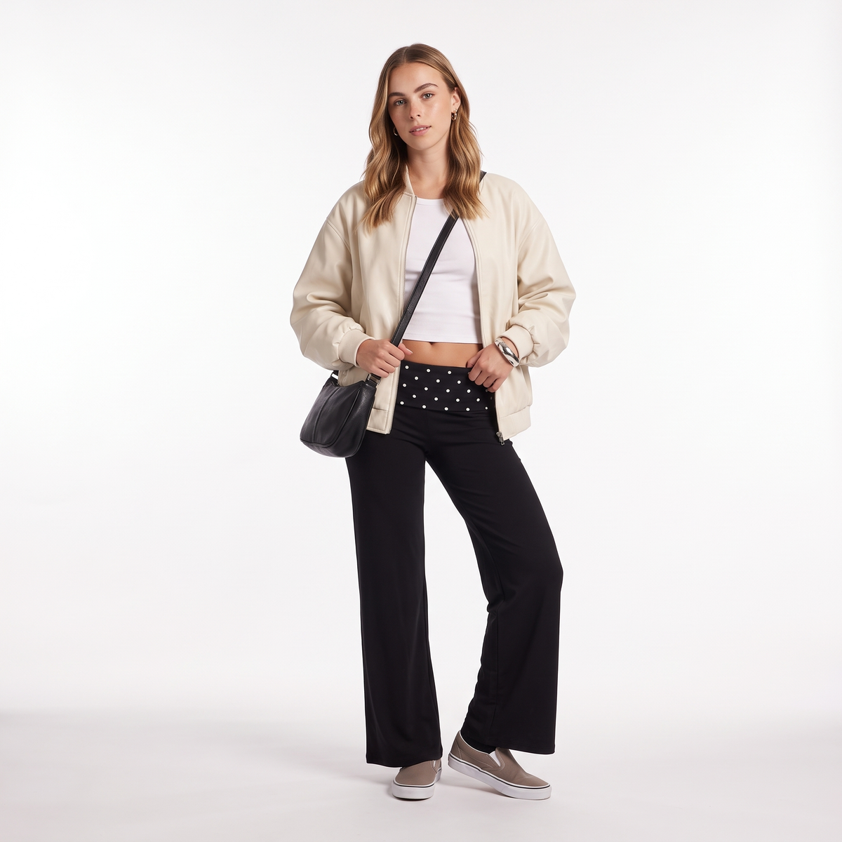 Polka Dot Foldover Waist Wide Leg Pants, Everyday Casual Trousers, Front