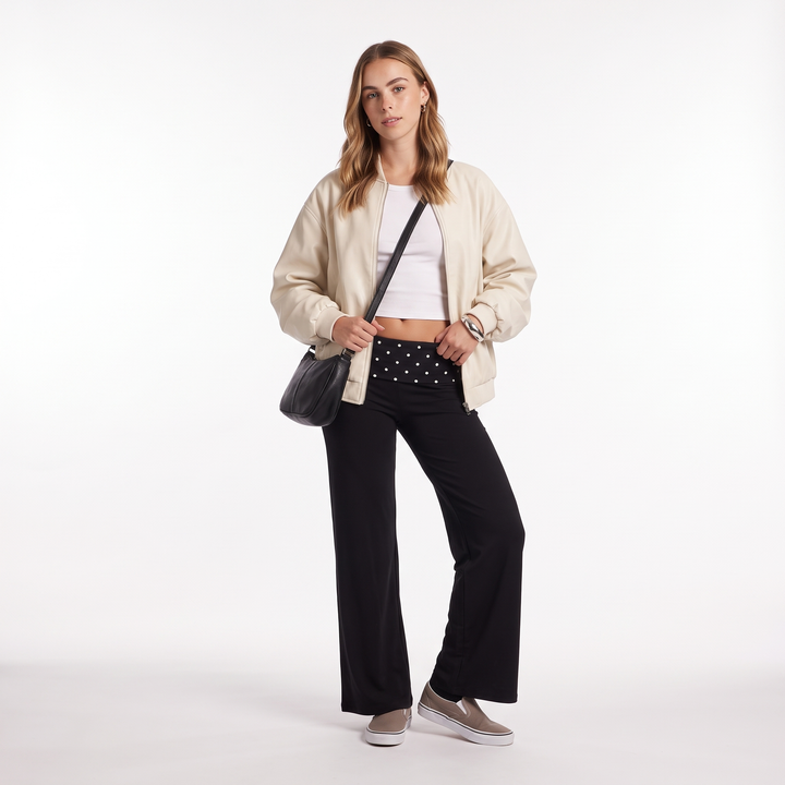 Polka Dot Foldover Waist Wide Leg Pants, Everyday Casual Trousers, Front