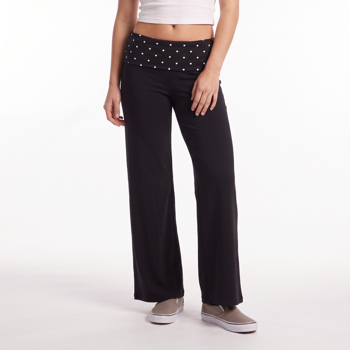 Polka Dot Foldover Waist Wide Leg Pants, Everyday Casual Trousers, Front close-up