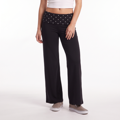 Polka Dot Foldover Waist Wide Leg Pants, Everyday Casual Trousers, Front close-up