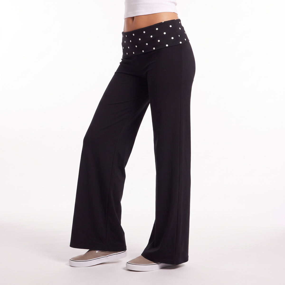 Polka Dot Foldover Waist Wide Leg Pants, Everyday Casual Trousers, Three-quarter