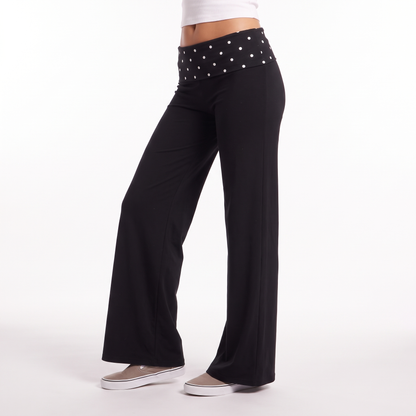 Polka Dot Foldover Waist Wide Leg Pants, Everyday Casual Trousers, Three-quarter