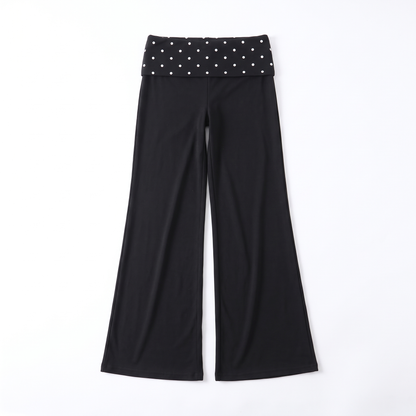 Polka Dot Foldover Waist Wide Leg Pants, Everyday Casual Trousers, Flat lay
