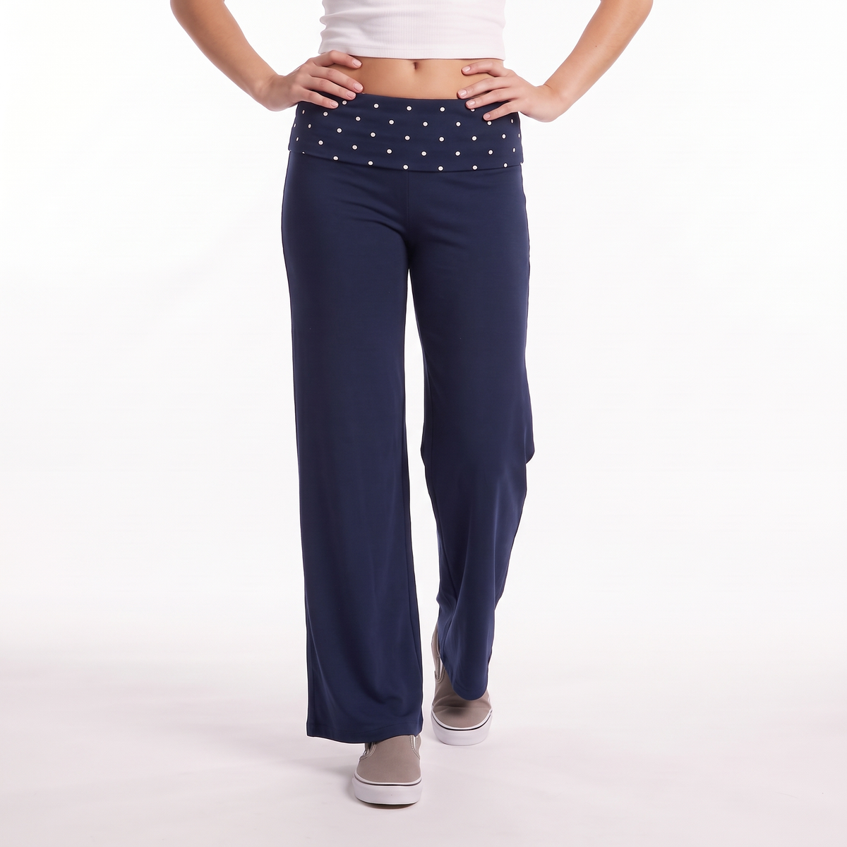 Polka Dot Foldover Waist Wide Leg Pants, Everyday Casual Trousers, Navy