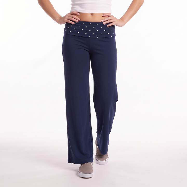 Polka Dot Foldover Waist Wide Leg Pants – Everyday Casual Trousers — Navy