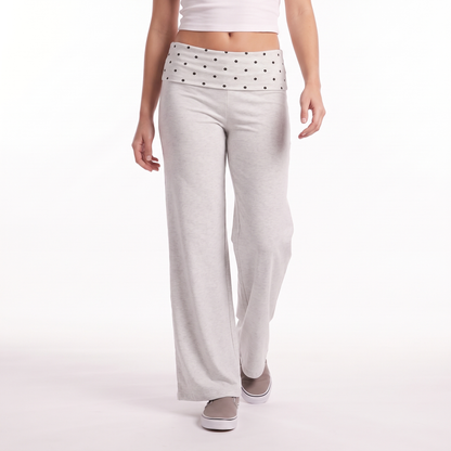 Polka Dot Foldover Waist Wide Leg Pants, Everyday Casual Trousers, Light Gray Melange