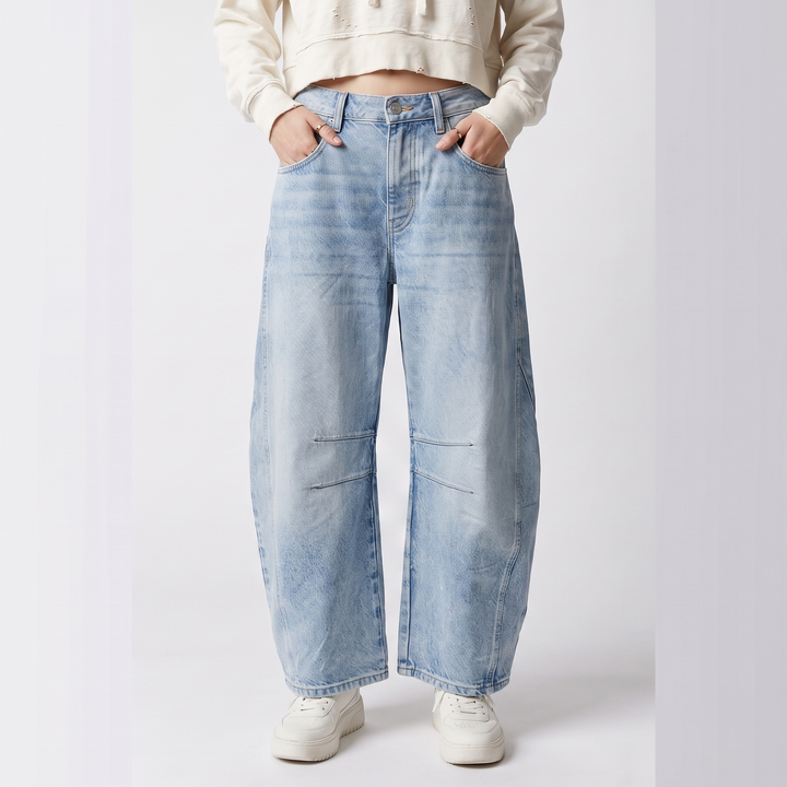 Sunoire relaxed barrel leg jeans with curved silhouette and mid rise bottom front crop 01