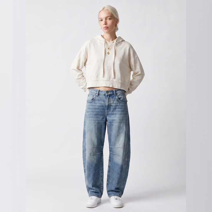 Women's Denim Cropped Barrel Leg Mid Rise Jeans – Light Blue Everyday Casual — Dark Blue