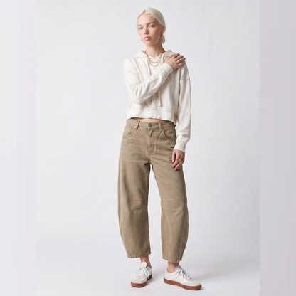 Sunoire relaxed barrel leg jeans with curved silhouette and mid rise colorway khaki front crop 01