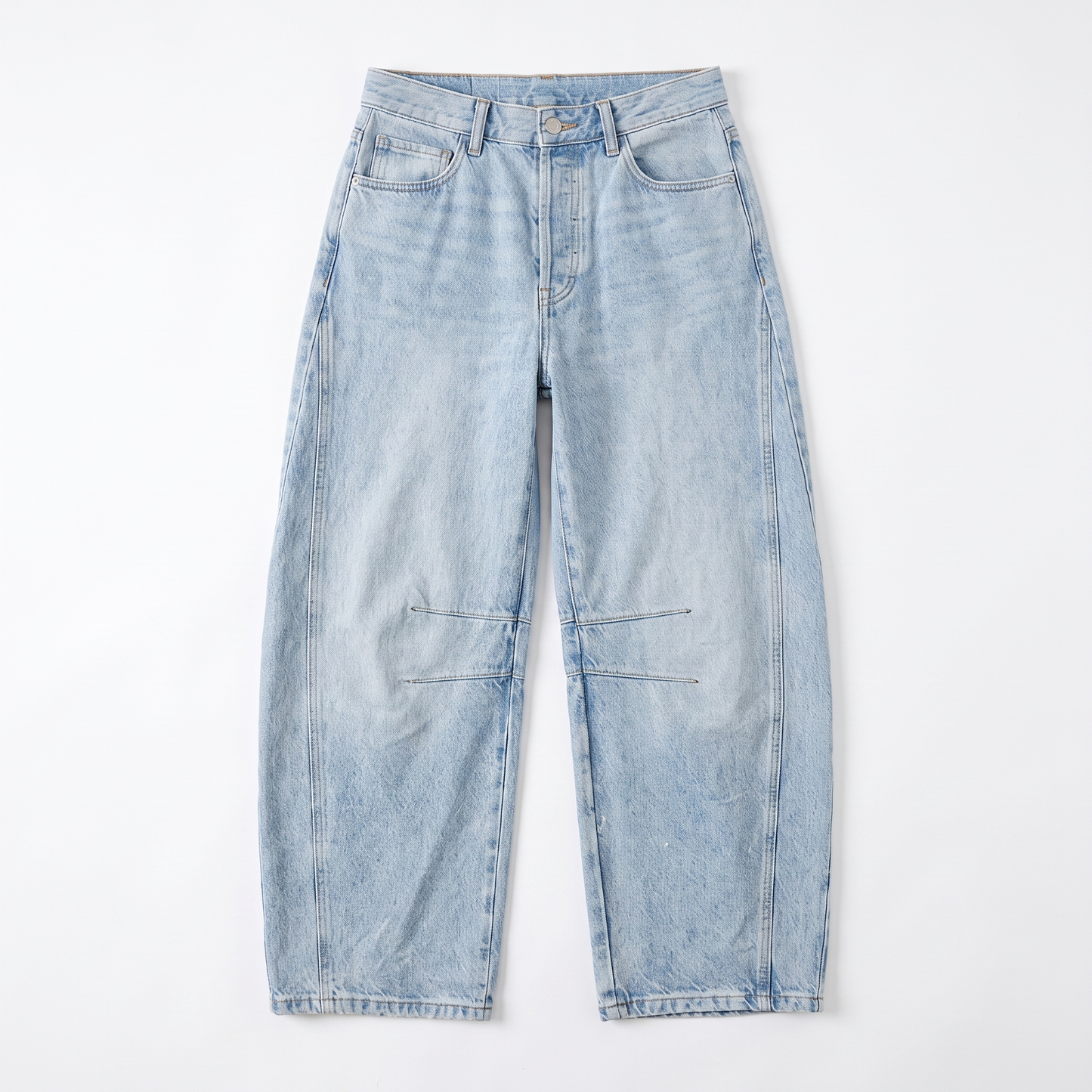Sunoire relaxed barrel leg jeans with curved silhouette and mid rise garment flatlay 01