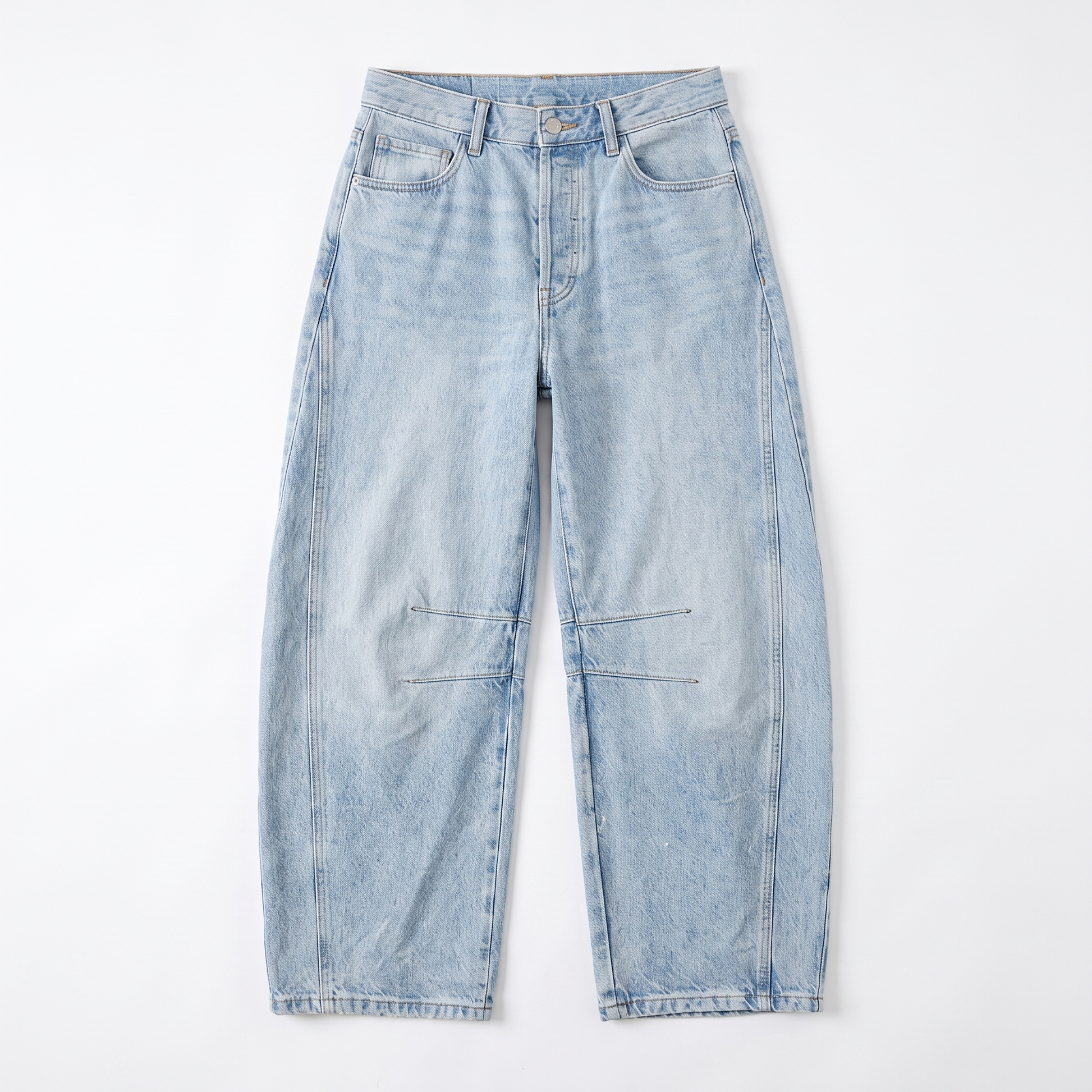 Sunoire relaxed barrel leg jeans with curved silhouette and mid rise garment flatlay 01