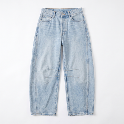 Sunoire relaxed barrel leg jeans with curved silhouette and mid rise garment flatlay 01
