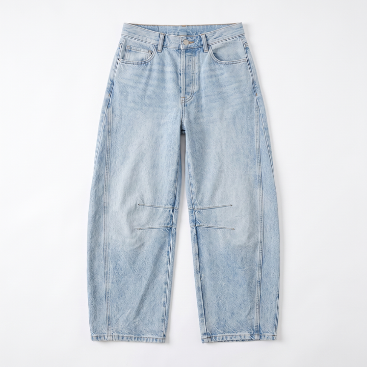 Sunoire relaxed barrel leg jeans with curved silhouette and mid rise garment flatlay 01