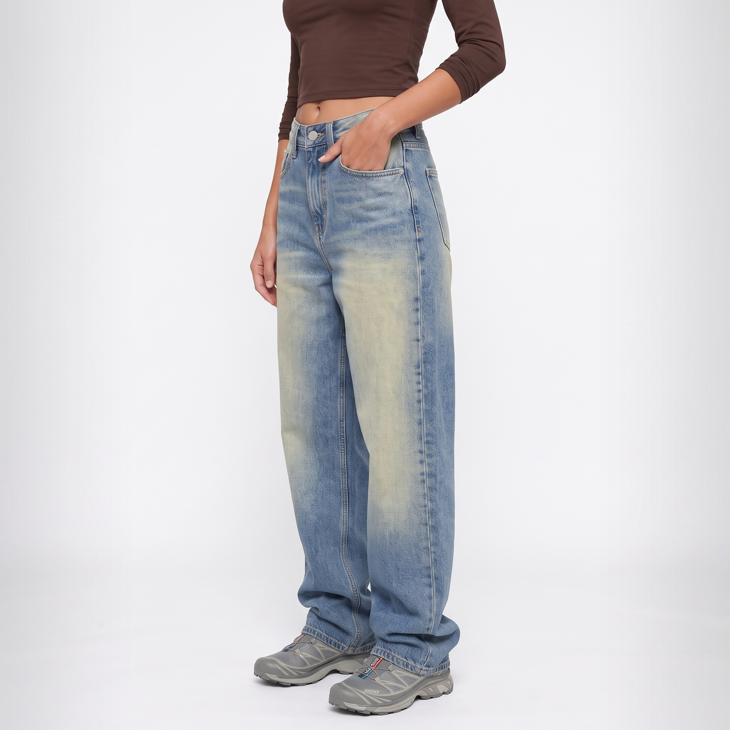 Sunoire retro vintage washed washed loose jeans american women low waist all match casual wide leg trousers bottom crop 3q 01