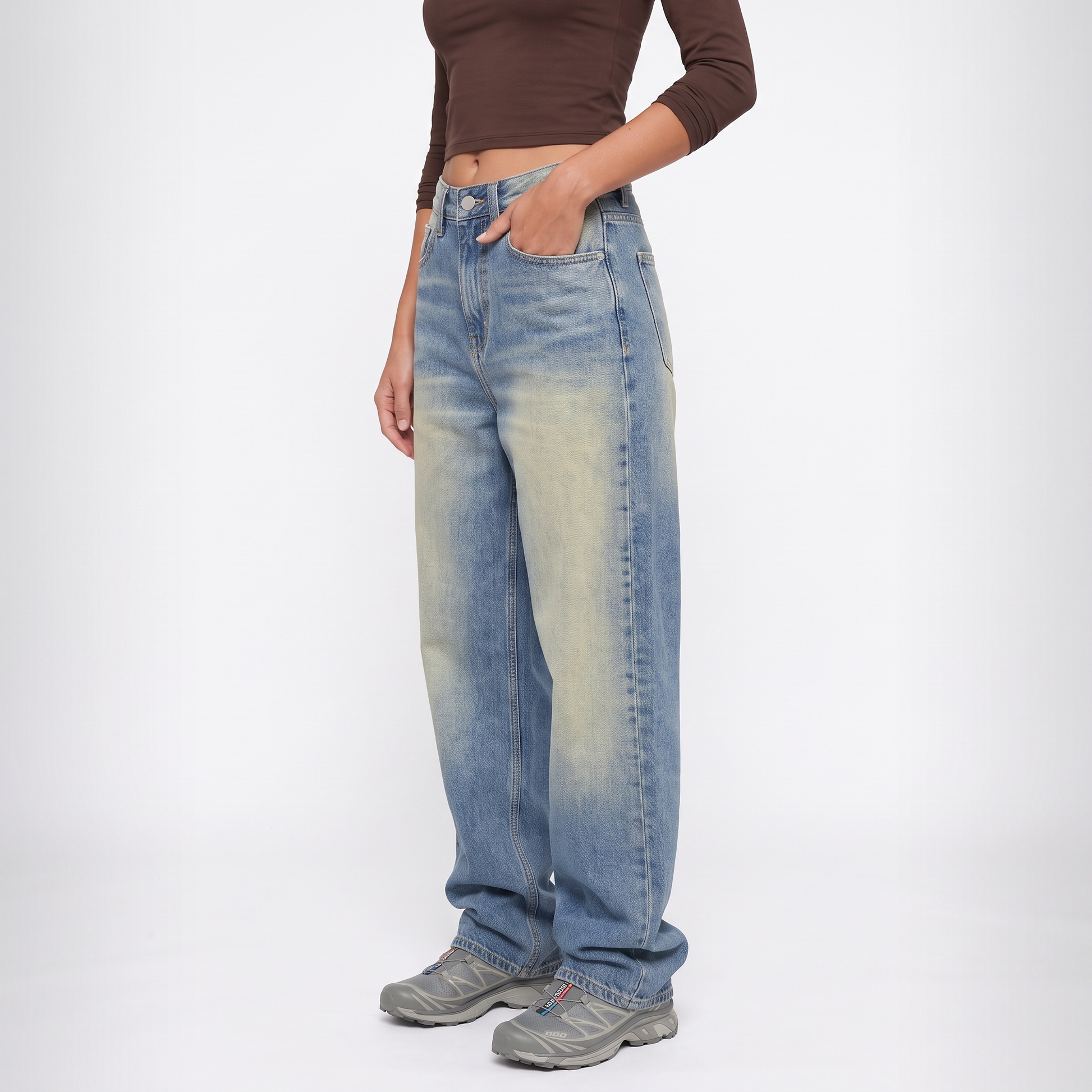 Sunoire retro vintage washed washed loose jeans american women low waist all match casual wide leg trousers bottom crop 3q 01