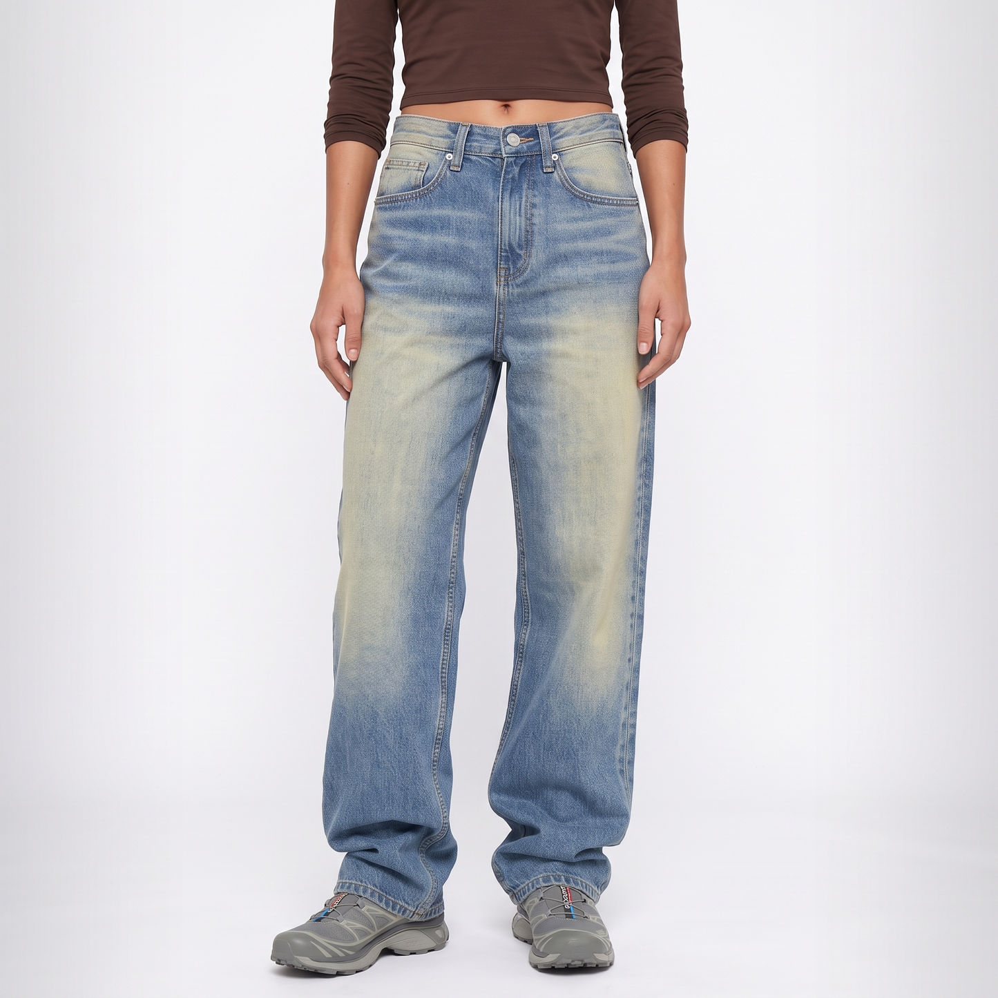 Sunoire retro vintage washed washed loose jeans american women low waist all match casual wide leg trousers bottom front crop 01