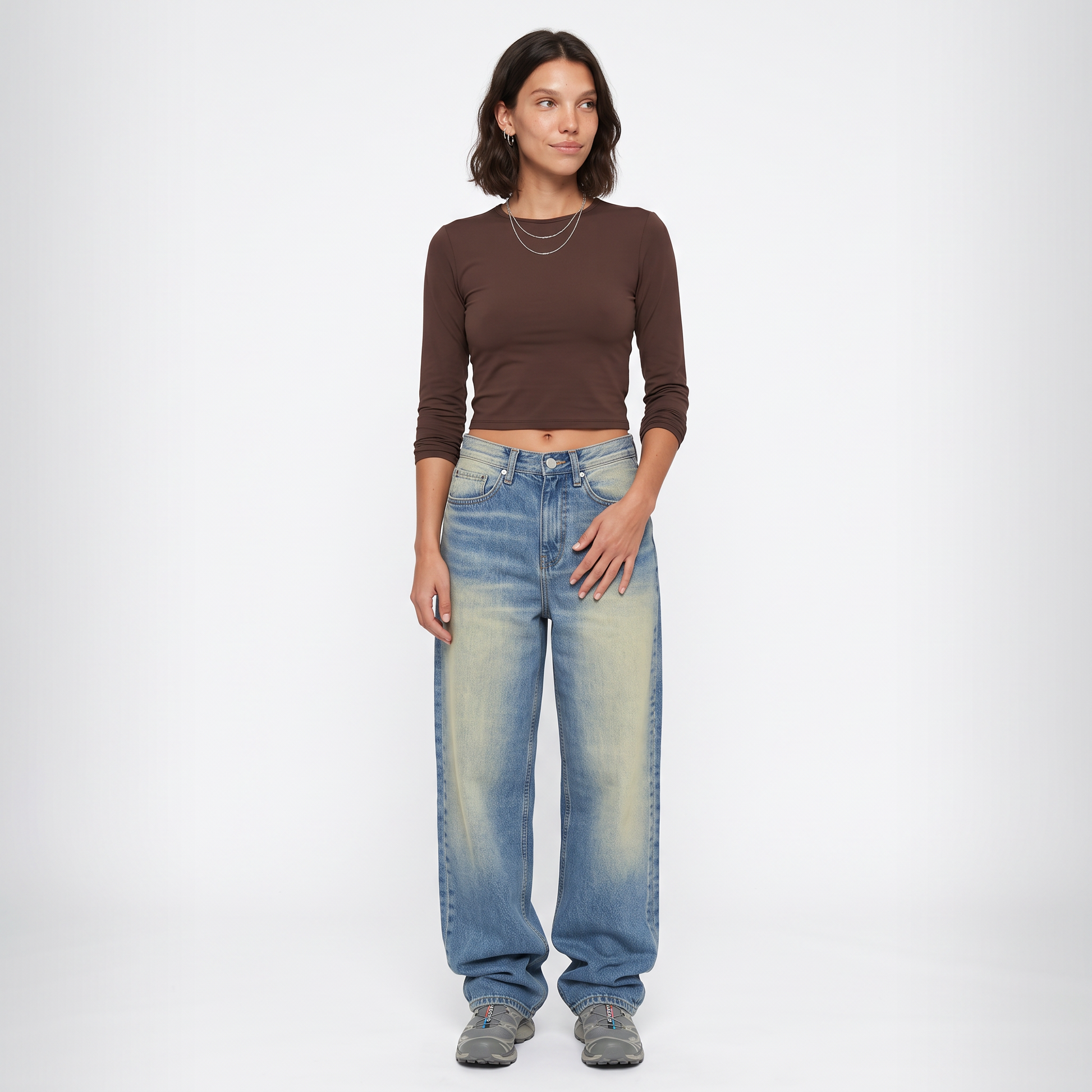Sunoire retro vintage washed washed loose jeans american women low waist all match casual wide leg trousers front hero 01