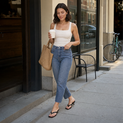 Square Toe Thong Kitten Heel Mules – Everyday Casual Sandals — lifestyle photo