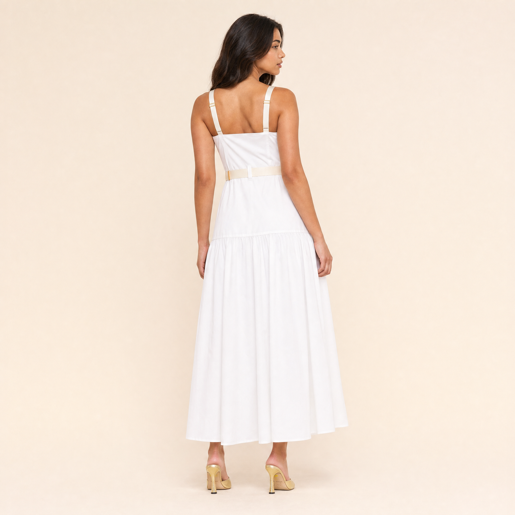Sunoire Rima white zip-front belted maxi dress back view