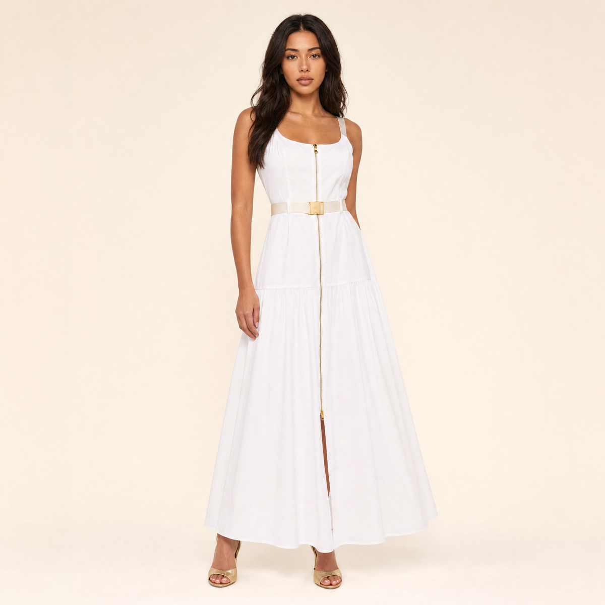 Sunoire Rima white zip-front belted maxi dress three-quarter view