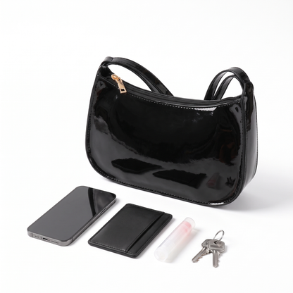 Patent Crescent Baguette Bag, what fits inside