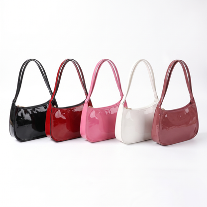 Sunoire romy black patent baguette bag collection flatlay - all colorways