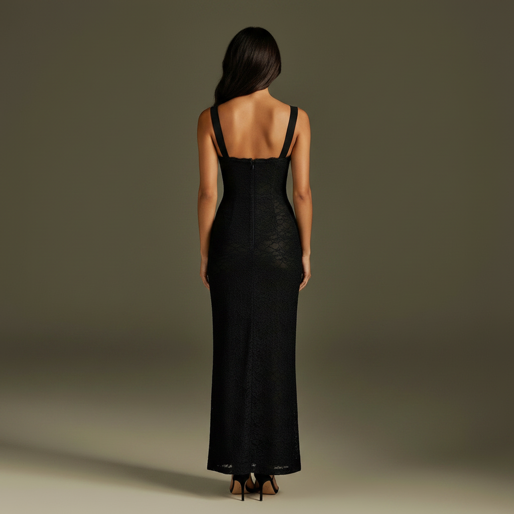 Sunoire ronna spaghetti lace maxi dress back view 01
