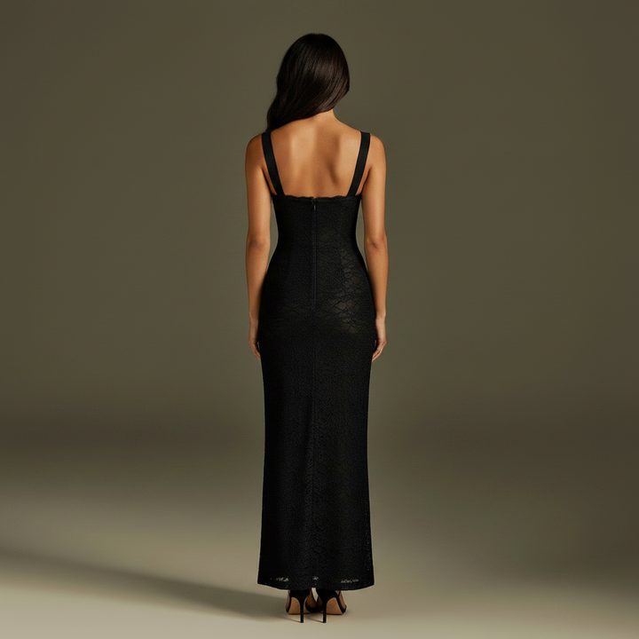 Sunoire ronna spaghetti lace maxi dress back view 01