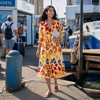Abstract Floral Button Front Midi Dress – Puff Sleeve Summer Sundress — lifestyle photo