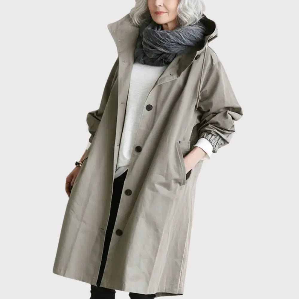 Waterproof Trench Coat Hooded Long Women's Raincoat in Grey