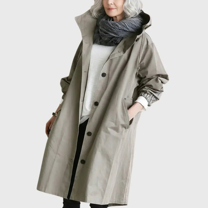 Waterproof Trench Coat Hooded Long Women's Raincoat in Grey