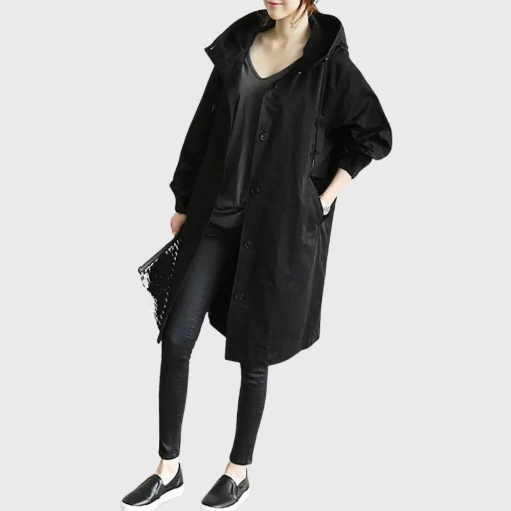 Waterproof Trench Coat Hooded Long Women's Raincoat in Black
