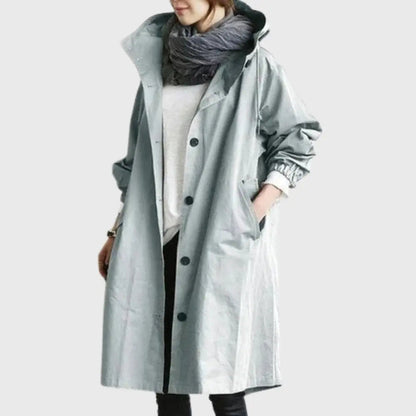 Waterproof Trench Coat Hooded Long Women's Raincoat in Light Blue