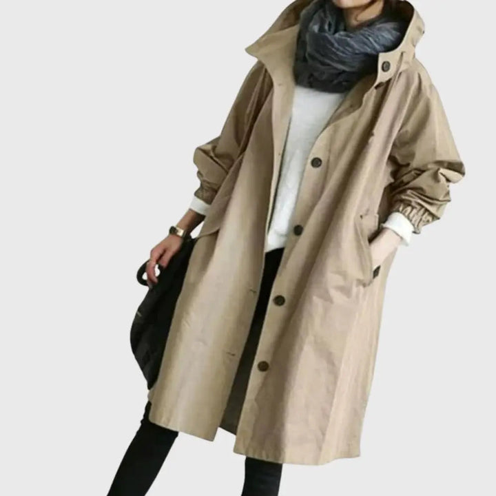 Waterproof Trench Coat Hooded Long Women's Raincoat in Brown