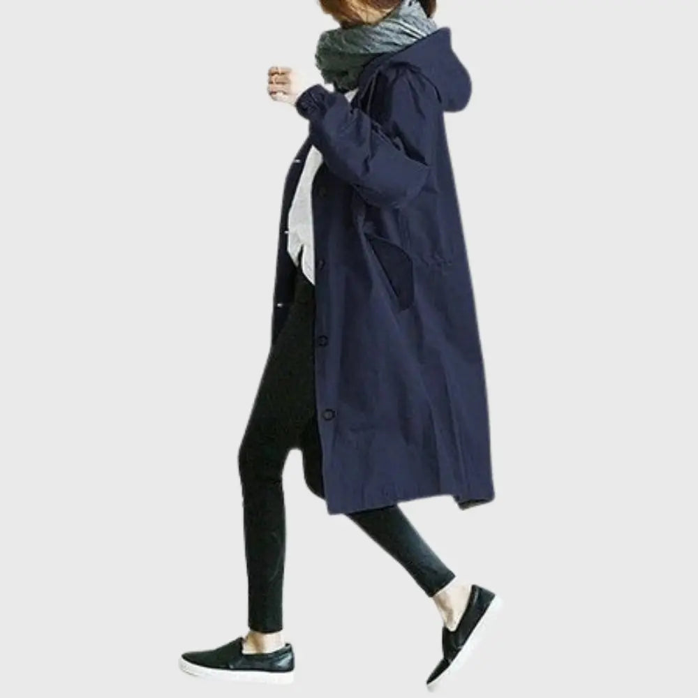 Waterproof Trench Coat Hooded Long Women's Raincoat in Blue