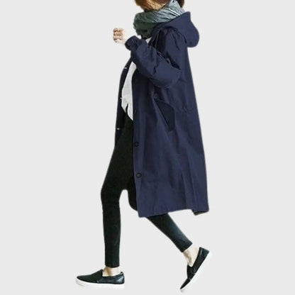 Waterproof Trench Coat Hooded Long Women's Raincoat in Blue