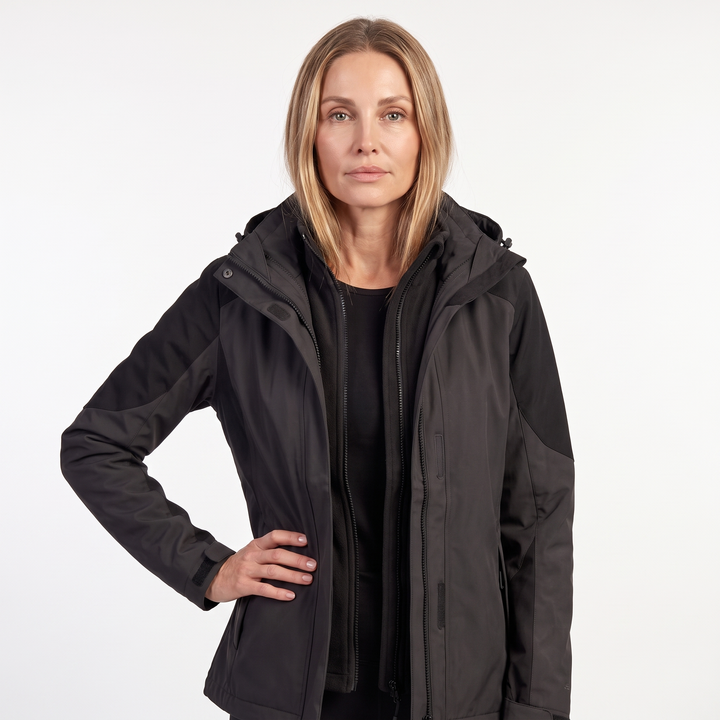 Women's 2 in 1 Hooded Softshell Jacket, Pink Fleece Lined Outdoor Coat — Grey