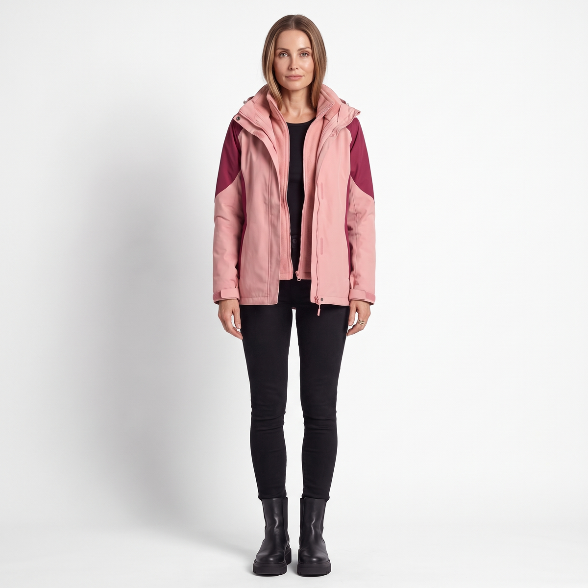 Women's 2 in 1 Hooded Softshell Jacket, Pink Fleece Lined Outdoor Coat, front view