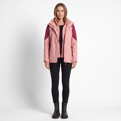 Women's 2 in 1 Hooded Softshell Jacket, Pink Fleece Lined Outdoor Coat, front view