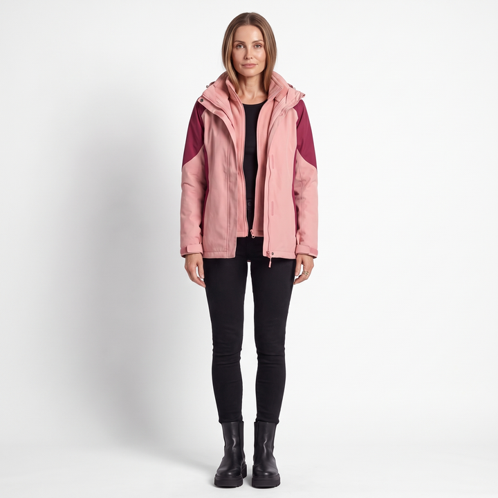 Women's 2 in 1 Hooded Softshell Jacket, Pink Fleece Lined Outdoor Coat, front view
