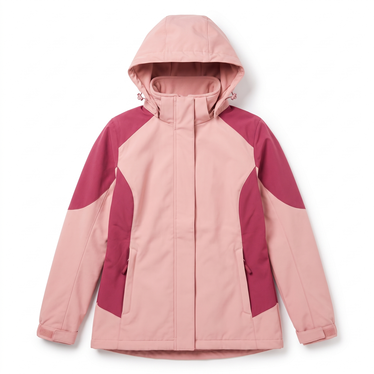 Women's 2 in 1 Hooded Softshell Jacket, Pink Fleece Lined Outdoor Coat, flatlay view
