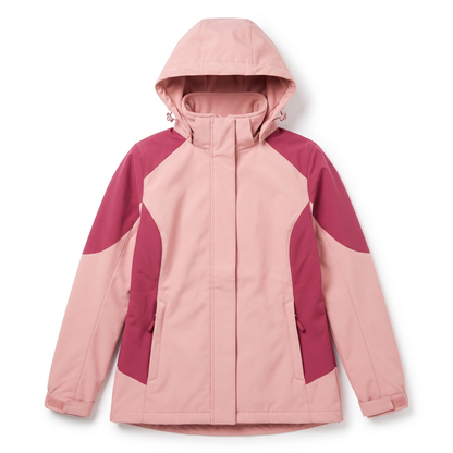 Women's 2 in 1 Hooded Softshell Jacket, Pink Fleece Lined Outdoor Coat, flatlay view