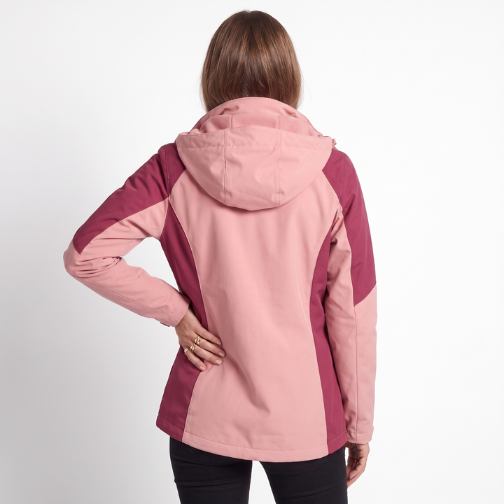 Women's 2 in 1 Hooded Softshell Jacket, Pink Fleece Lined Outdoor Coat, back view