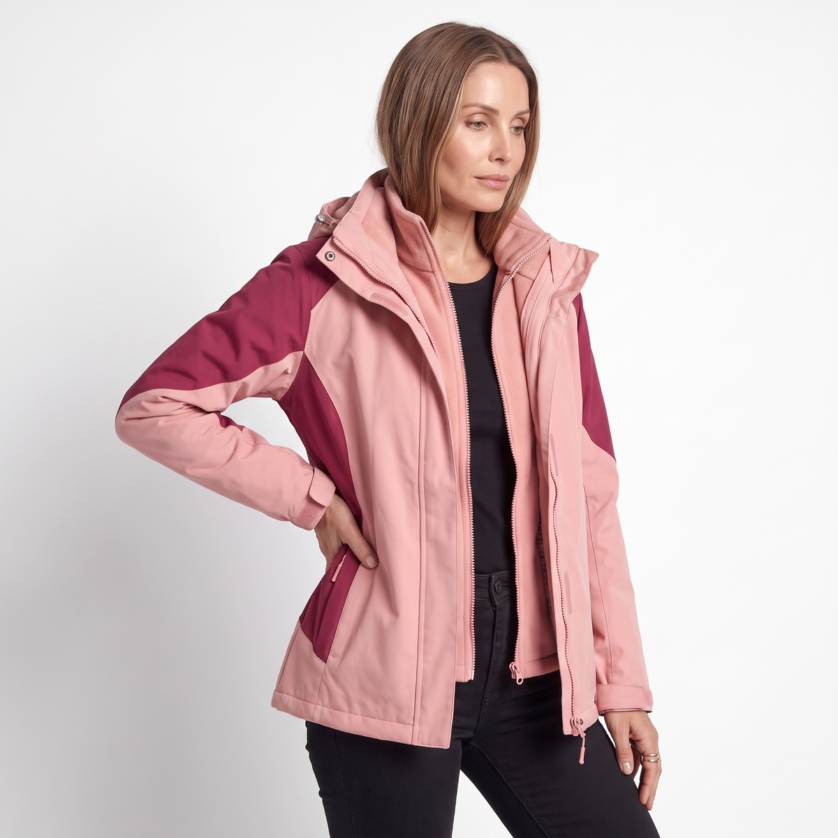 Women's 2 in 1 Hooded Softshell Jacket, Pink Fleece Lined Outdoor Coat, three quarter view