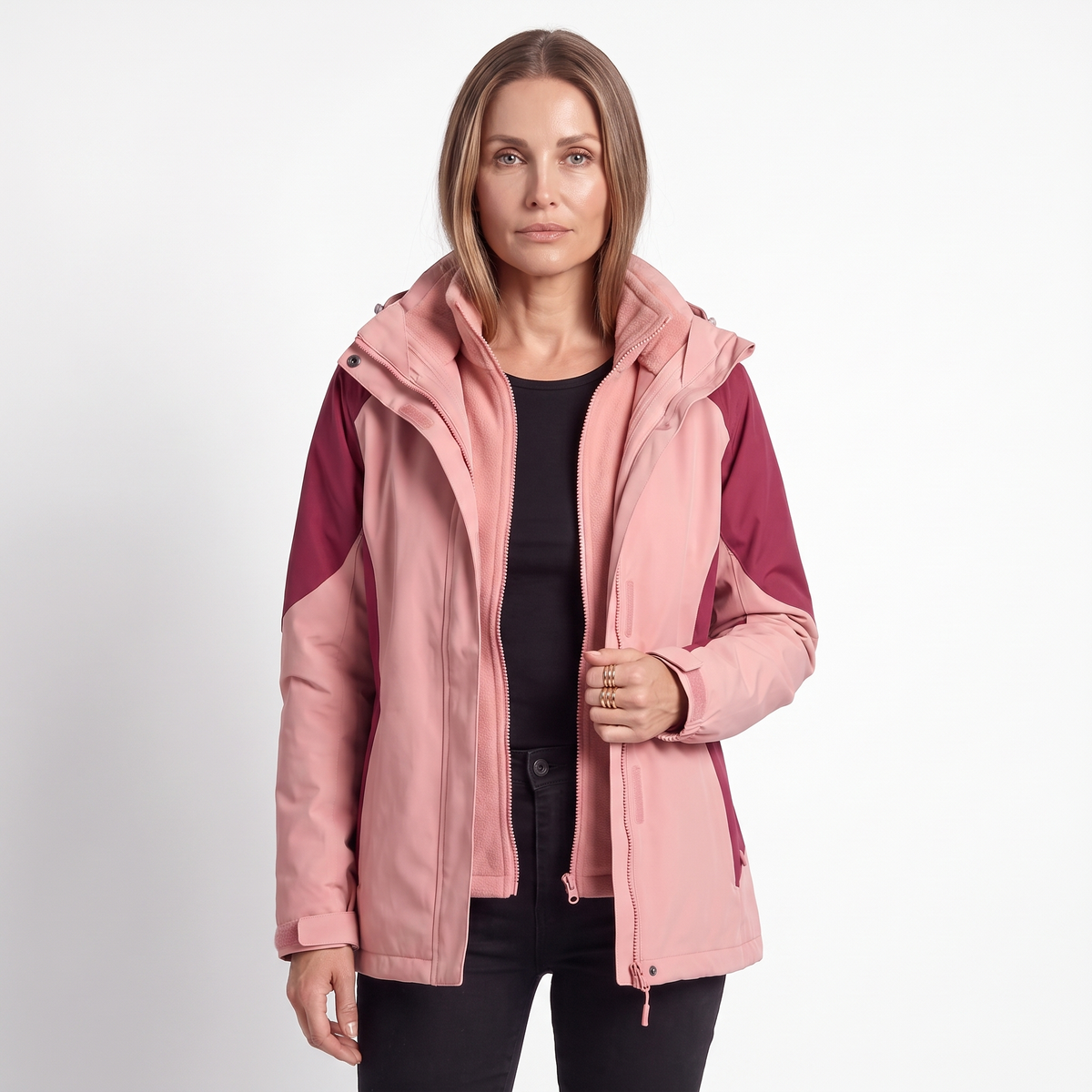 Women's 2 in 1 Hooded Softshell Jacket, Pink Fleece Lined Outdoor Coat, front view